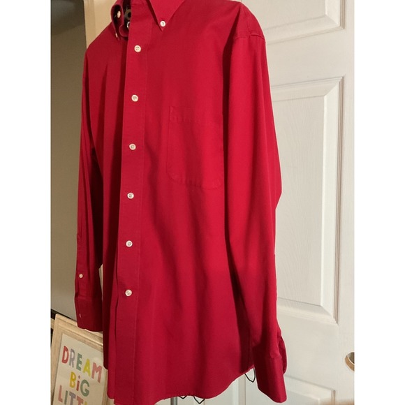IZOD Mens Red Twill Button Down Shirt Wrinkle Free Large 16 32/33 Long Sleeve - Picture 2 of 7